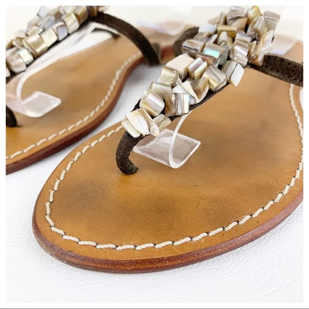 Cocobelle Brown Suede Leather Stone Beaded Thong Flat Sandal 10‎